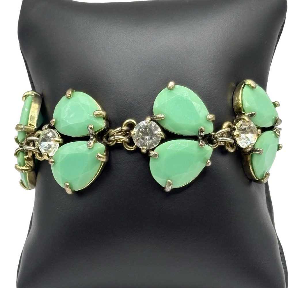 Leslie Danzis Bracelet Pale Green Double Teardrop & Clear Rhinestone Link Chunky